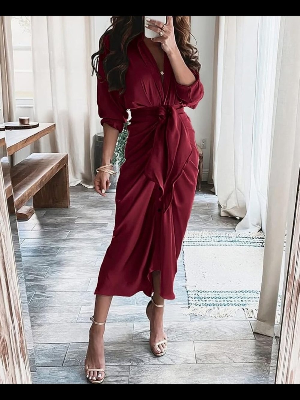 Long Sleeve Midi Shirt Dress in Wine